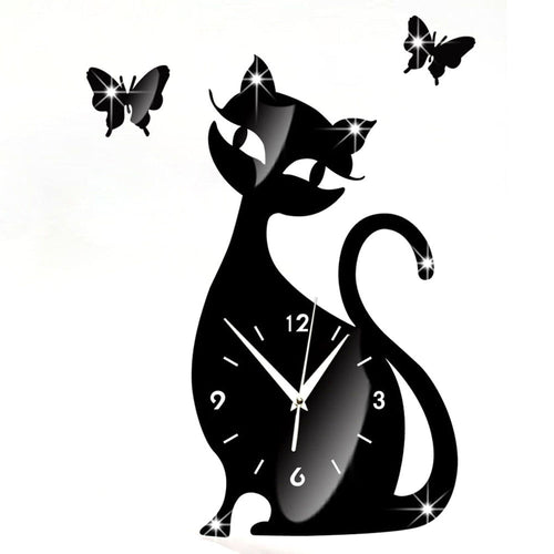 Cute Cat Butterfly Mirror Black Wall Clock Modern Design