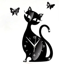 Load image into Gallery viewer, Cute Cat Butterfly Mirror Black Wall Clock Modern Design